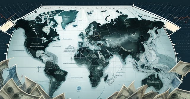 Currency symbols crashing and rising in waves.