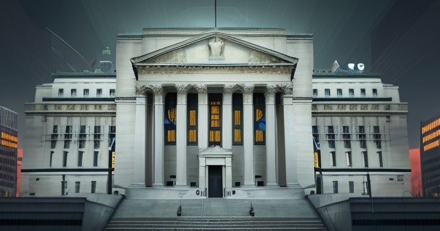 depiction of global currency exchange with central banks in background