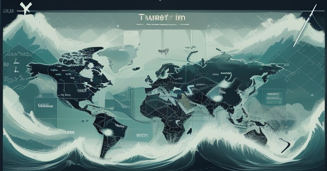 A chart with rising and falling arrows overlaid on a world map.