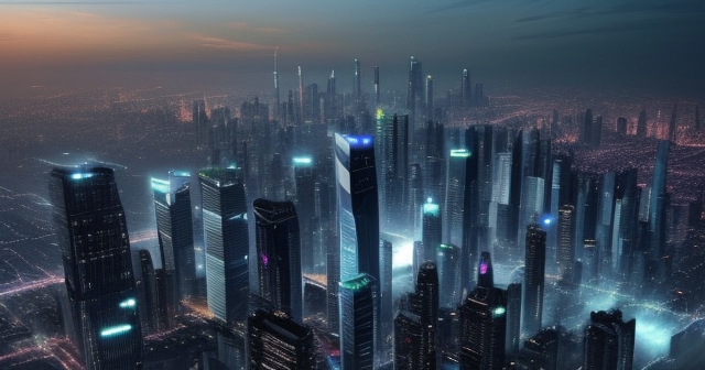 futuristic city skyline with renewable energy sources