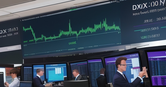 A bustling stock exchange with traders analyzing charts