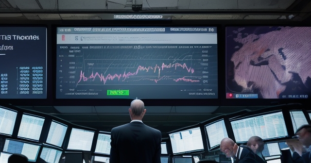 A stormy trading floor filled with anxious traders