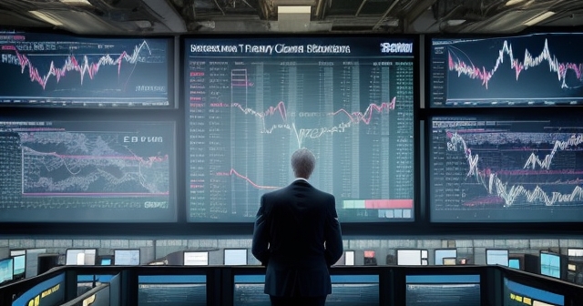 A chaotic stock market display with fluctuating graphs