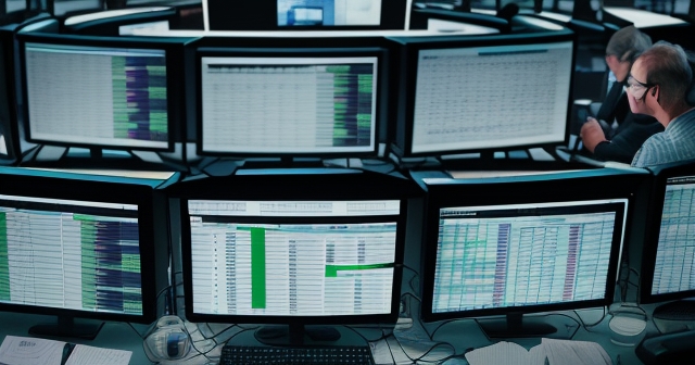 A busy options trading floor with screens displaying data