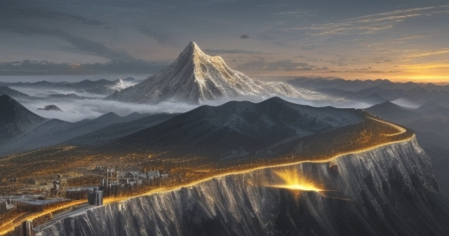 A golden sunrise over a silver mountain peak