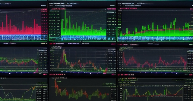 A vibrant market scene with charts and graphs
