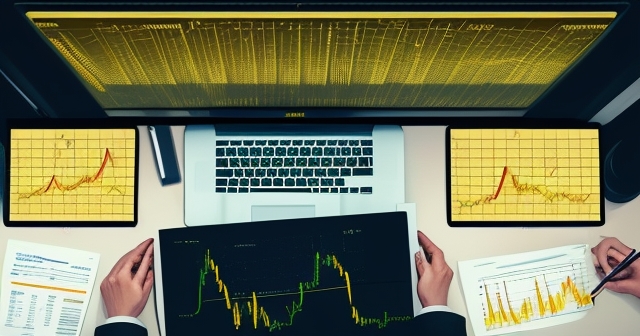Gold bars and financial charts on a desk.