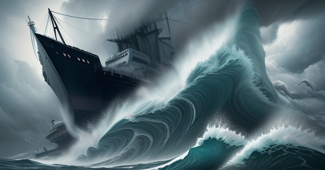 turbulent ocean waves crashing against a ship