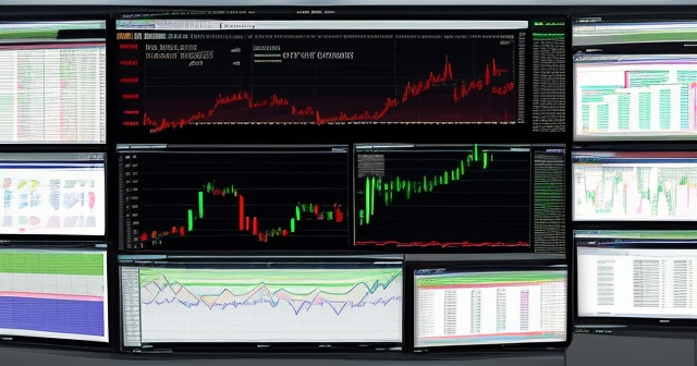 a busy trading floor with multiple screens and traders