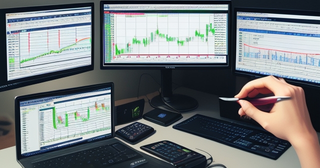 Calculator with trading charts in the background.