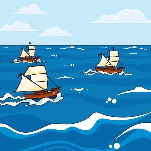 A serene ocean with ships symbolizing different currencies navigating waves of market forces.
