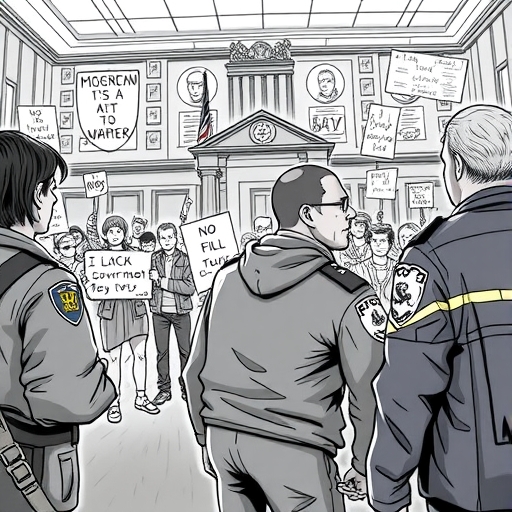 A courtroom filled with bizarre legal documents and chaotic filings