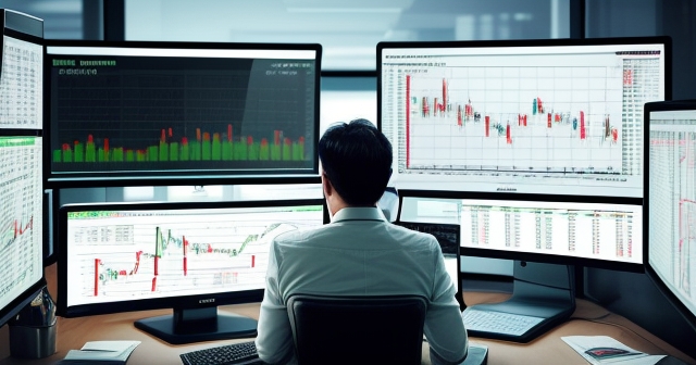 Broker office with multiple screens