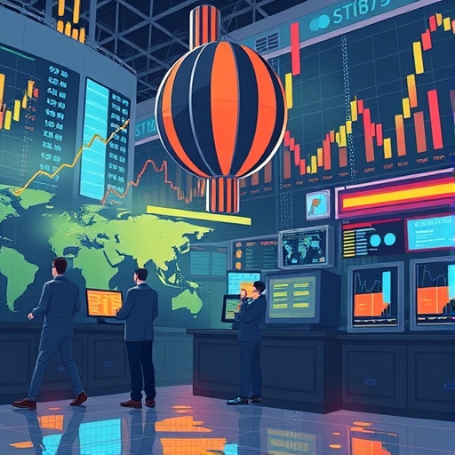 An abstract representation of global economy intertwining with stock indices.