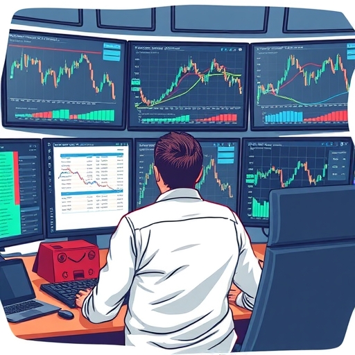 A forex trader analyzing charts in front of multiple screens