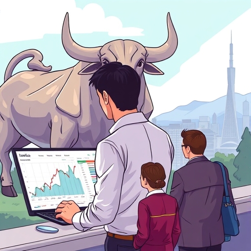 A trader analyzing market charts with a bull statue in the background