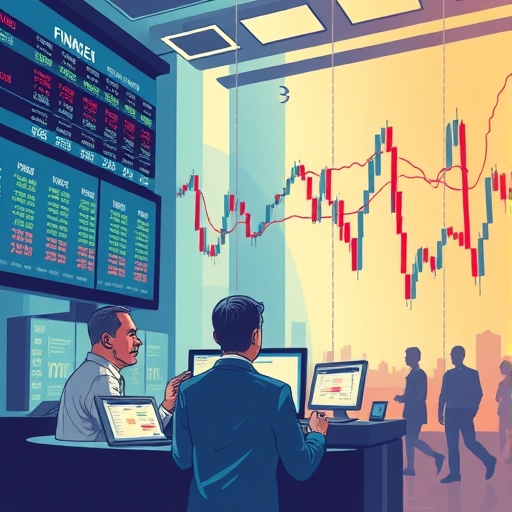 A dynamic financial market scene with traders analyzing charts.