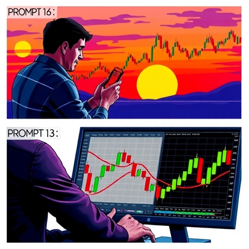 Candlestick chart showcasing morning star and evening star patterns with a dramatic sunset background.