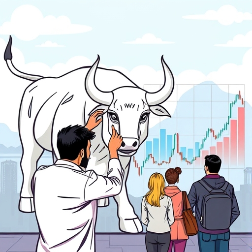 A dynamic financial market scene with rising graphs and optimistic investors