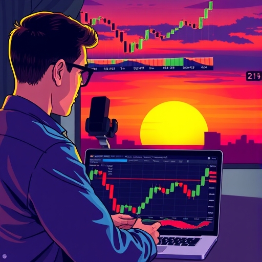 A trader analyzing financial charts with morning and evening star patterns illustrated in vibrant colors.