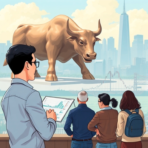 An illustration of diverse investors observing a bull market from a scenic viewpoint.