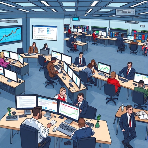 A bustling trading floor with diverse traders engaged in spot FX.
