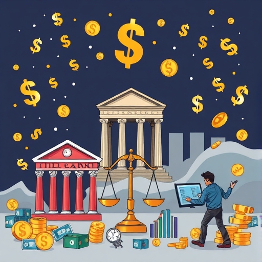 An illustration of commercial banks dominating the Forex market with currency symbols flowing around.