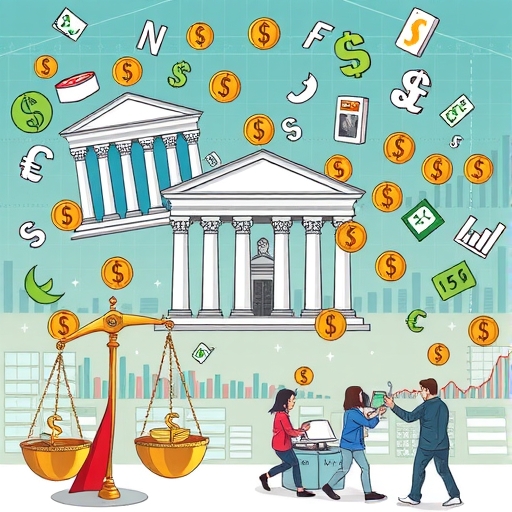 A visual representation of central banks stabilizing currencies with scales and financial graphs.