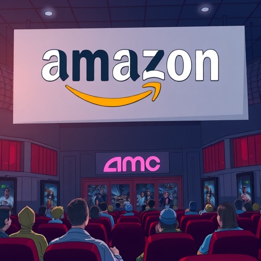 Concept art of a giant Amazon logo overshadowing AMC cinema