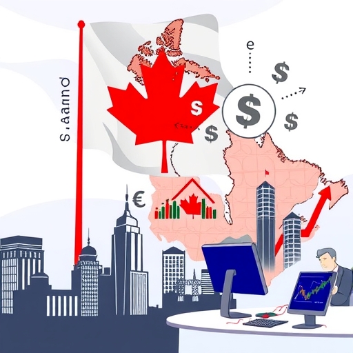 A Canadian flag blended with currency symbols