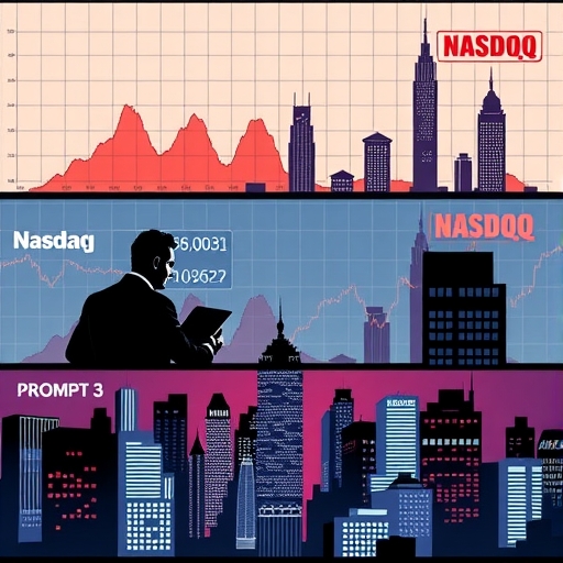 A stock market chart showing upward trends and NASDAQ highlights