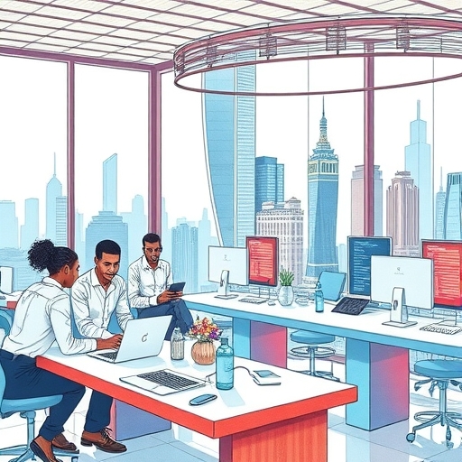 Collaborating teams showcasing fintech solutions in a vibrant environment