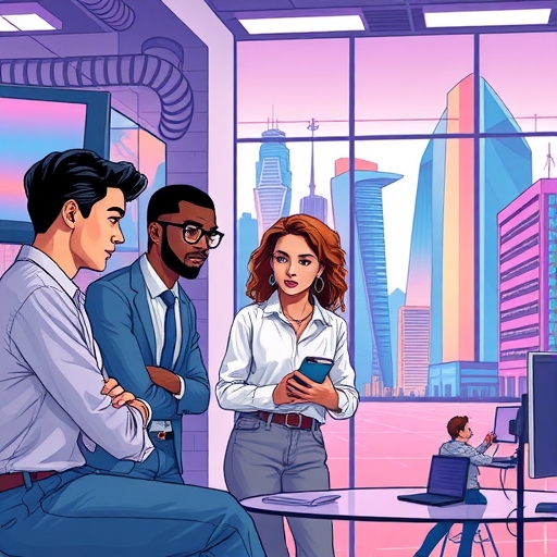 Diverse entrepreneurs brainstorming in a high-tech workspace
