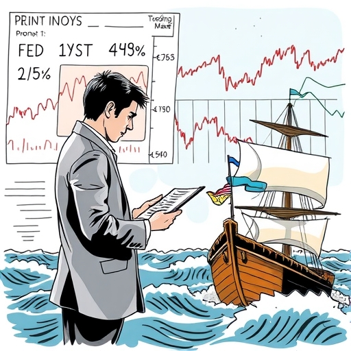 Visual metaphor of a ship navigating turbulent market waters