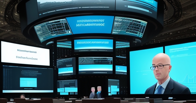 A bustling trading floor with digital screens showing market data
