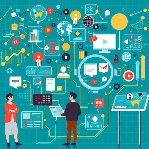 Visual representation of individuals navigating a complex information landscape.