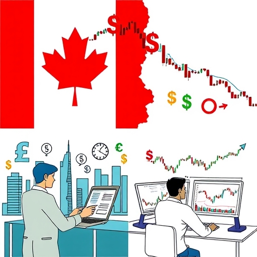 A person analyzing stock charts with a Canadian skyline in the background.