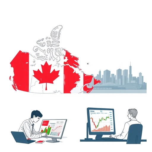 An illustration of a trader at a computer with graphs and maps showing currency pairs.