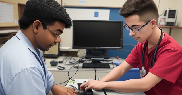 A technician setting up a computer network, representing technology training