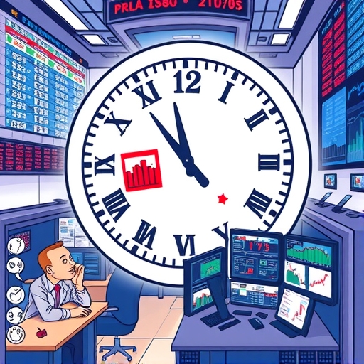 A serene office environment with a trader analyzing stock charts on multiple screens.