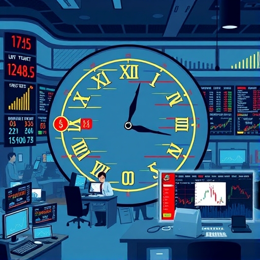 An illustration of a clock featuring stock market symbols and trading charts.