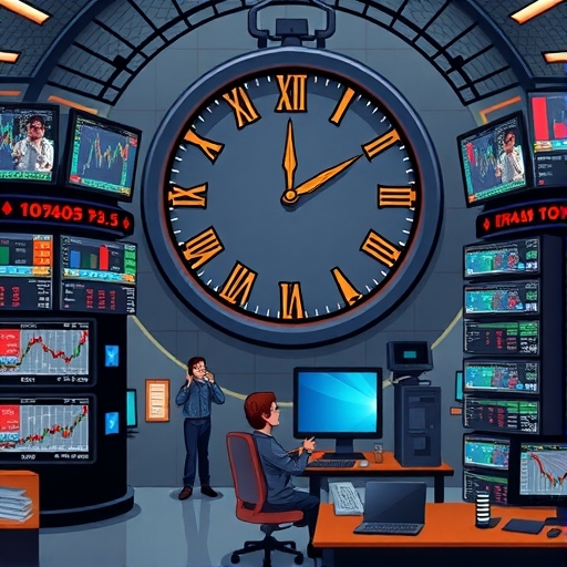 A bustling stock exchange floor with traders at work and digital tickers displaying market data.