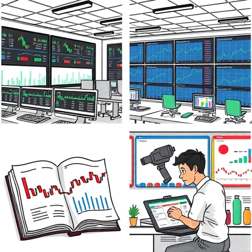 A bustling forex trading room filled with monitors showing currency pairs.