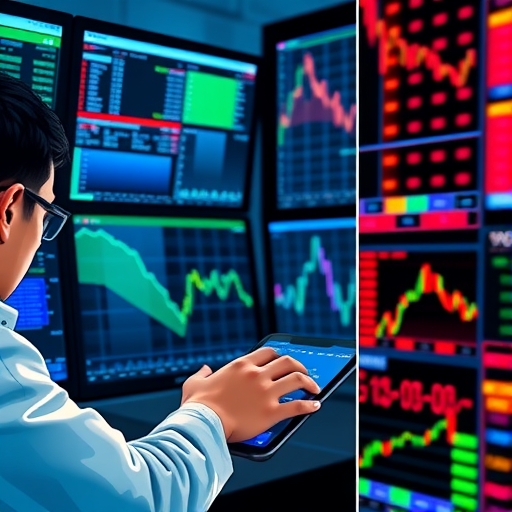A trader analyzing positions in front of multiple screens