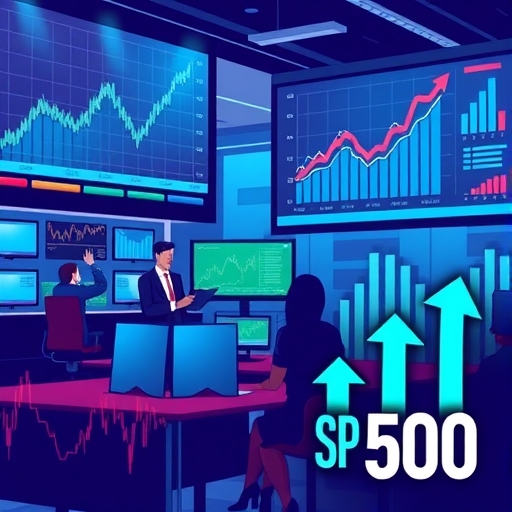 A dynamic illustration of the S&P 500 logo with upward arrows and global financial landmarks.