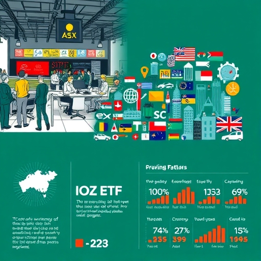 A creative infographic showing key statistics of the IOZ ETF and its market performance.