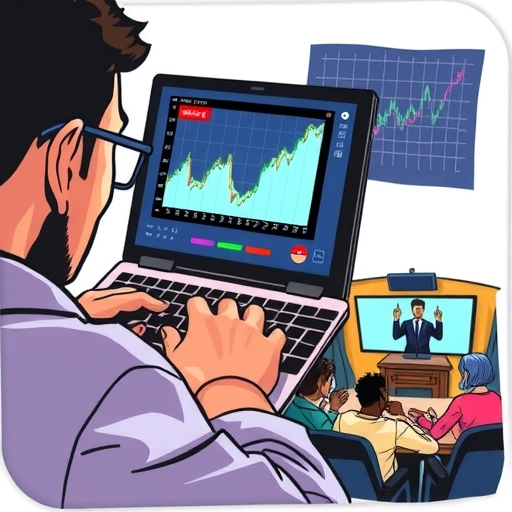 A virtual classroom setup with diverse students learning about trading strategies from a professional.