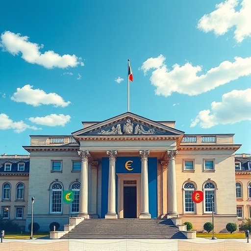 vibrant illustration of the European Central Bank headquarters under blue skies with euro symbols