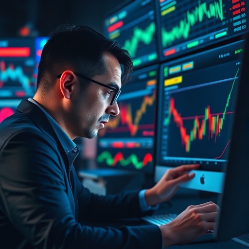 A man analyzing stock market charts in a high-tech environment