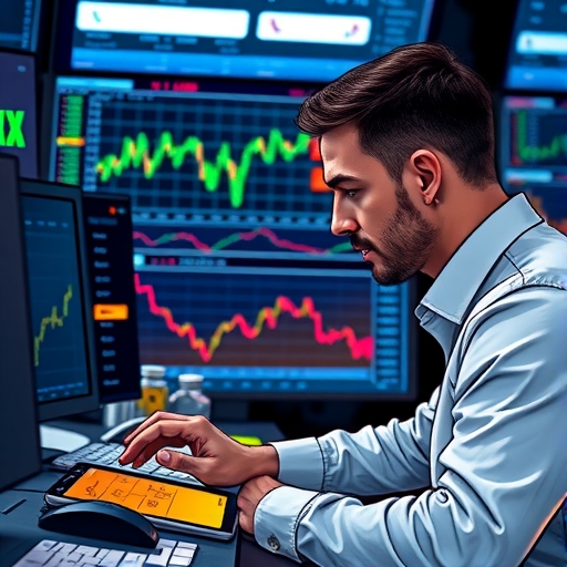 A high-tech trading environment with screens displaying the NDX